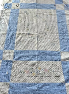 #ad Vintage Cutter Quilt Crosstiched 88quot;x85quot; Blue White Crafting Upcycling AS IS $30.00