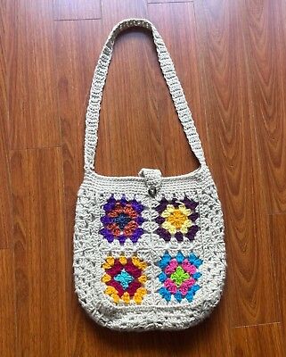 #ad Crochet Granny Square Tote Bag Multicolor Knit Handmade Boho Purse Floral $16.00