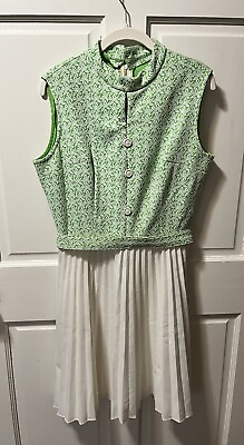 #ad Vintage Green White Homemade Belted Pleated Sleeveless Women’s Dress 8 10 $24.00