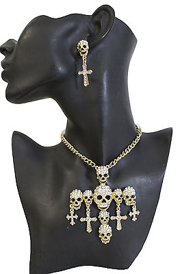 #ad Women Gold Metal Chains Fashion Jewelry Necklace Cross Pendant Skulls Bling Set $14.21