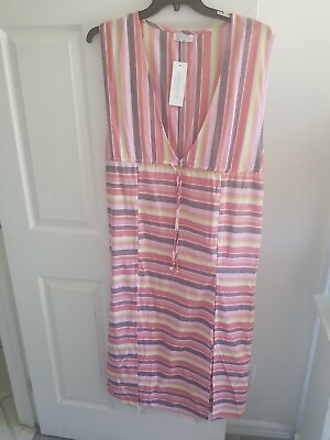 #ad 4Our Dreamers Midi Dress Swimsuit Coverup Stripes Deep V Neck 2 Slits Medium NWT $20.99