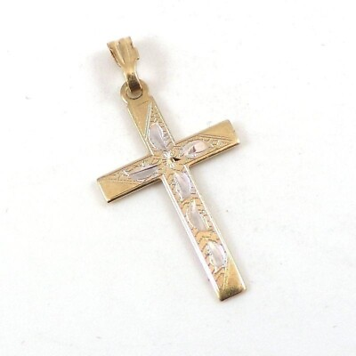 #ad Solid 10K Multi Tone Gold Diamond Cut Religious Cross Pendant $84.99