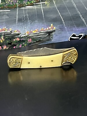 #ad Damascus Steel Folding Pocket Knife Lockback Bone Yellow Engraved Bolsters $20.00
