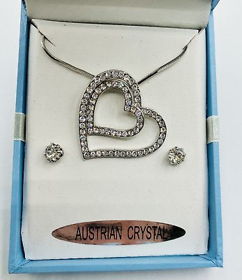 #ad Austrian Crystal Double Heart Silver Tone Necklace amp; Stud Earrings Leo Gioielli $5.00