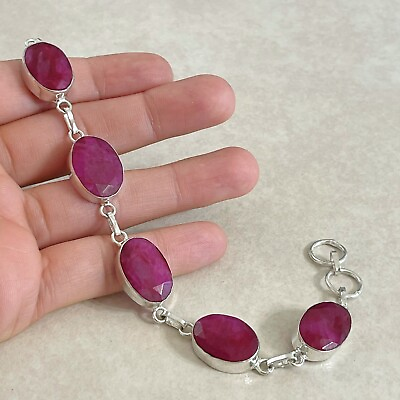 #ad NATURAL OVAL RED RUBY 925 STERLING SILVER CHAIN BRACELET 8” HANDMADE $25.99