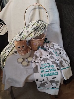 #ad A Cat Cup Theme Basket With Two Towels Grocery Bag Holder Three Tea Candles $10.00