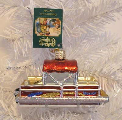 #ad 2015 PONTOON BOAT OLD WORLD CHRISTMAS BLOWN GLASS ORNAMENT NEW W TAG $15.99