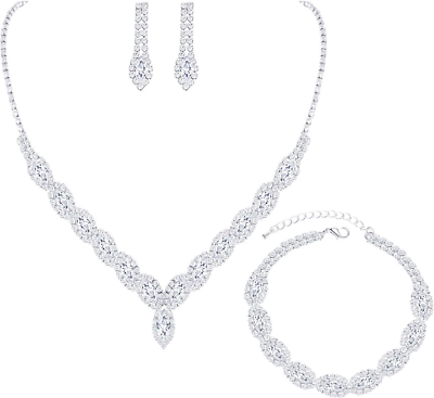 #ad CZ Rhinestone Necklace Earrings Wedding Jewelry Set for Bride Bridesmaid Prom Ev $26.75