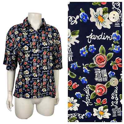 #ad Novelty Flower Garden Print Button Up Collared Blouse Women’s Small $15.20