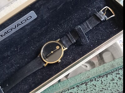 #ad Vintage 1979 MOVADO Museum Classic Black Dial Men#x27;s Gold Slim Leather Watch $450.00