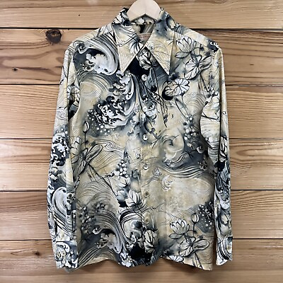 #ad Vtg Jack Robbins Clothes Shirt Mens Large Polyester Floral Cream Gray LS B71 $20.99