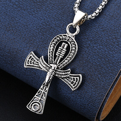 #ad Men Stainless Steel Ancient Egyptian Ankh Cross Pendant Necklace Chain $9.99