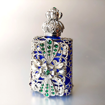#ad Blue Bottle for Parfume Filigree Silver Tone Czech Cobalt Glass Perfume Art Deco $35.50