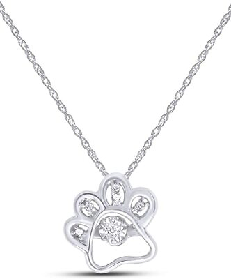 #ad Dog Paw Print Pendant Necklace Round Natural Diamond Sterling Silver 925 $122.75