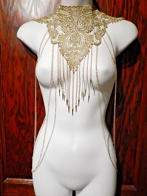 #ad GOLD CHAIN amp; SPIKES LACE BODY JEWELRY necklace harness yoke choker goddess Z8 $15.99