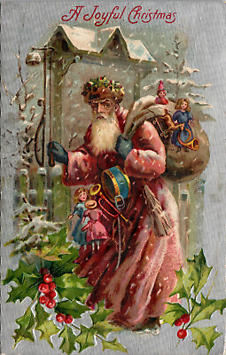 #ad Vtg 1910s A Joyful Christmas St Nicholas Santa Bag of Toys Silver Gilt Postcard $44.99