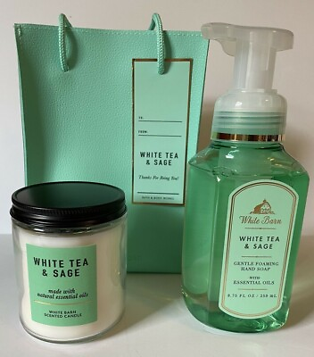 #ad Bath Body Works White Tea amp; Sage Gift Bag Single Wick Candle amp; Foaming Soap NWT $22.99