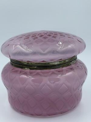 #ad Round Hinged Glass Vanity Box Hand Blown Satin Mother Pearl Pink Diamond Pattern $125.00
