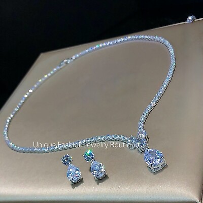 #ad 18k Platinum Plated Tennis Necklace Earrings Set made w Swarovski Crystal Bridal $147.00