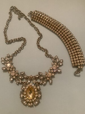 #ad Vintage Elegant Silvertone Rhinestone Set Bib Necklace amp; Link Bracelet $25.99