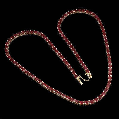 #ad 925 Silver Gold Plated 24.00Ct Oval Cut Simulated Red Ruby Tennis Necklace $374.00