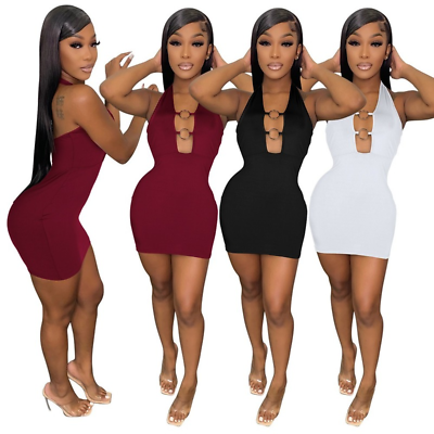 #ad Sexy Women Buckle Deep V neck Backless Halter Dress Bodycon Mini Nightclub Dress $10.99