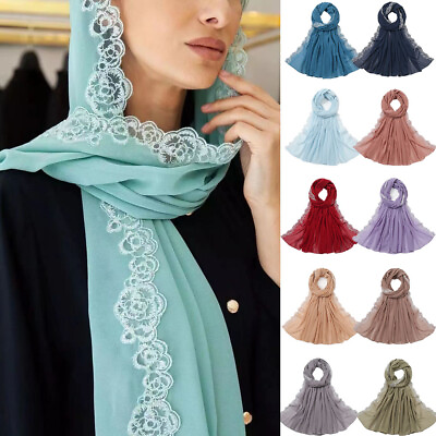 #ad Women Hijab Lace Scarf Islamic Wrap Head Shawl Muslim Turban Headscarf Stole Eid $10.02
