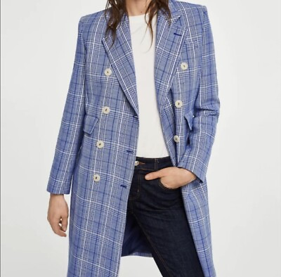 #ad Mango Plaid Checked Structured Coat Women S Blue Double Breast Long Jacket $199 $44.99