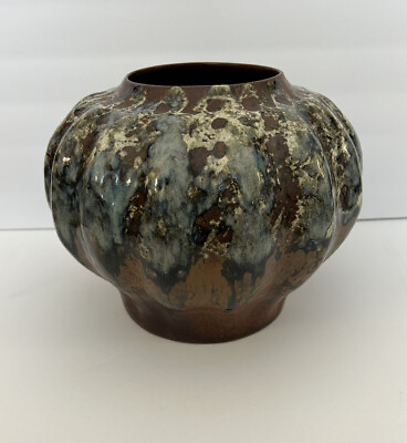 #ad Art Pottery Vase Drip Glaze Blue Brown White Round textured raised $49.99