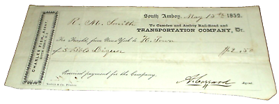 #ad MAY 1852 CAMDEN AND AMBOY RAIL ROAD SOUTH AMBOY NEW JERSEY FREIGHT RECEIPT $100.00