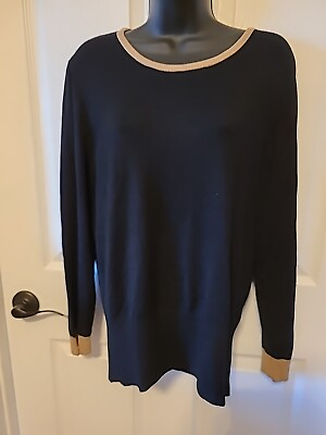 #ad Monteray Bay Soft Knit Pullover Sweater Petite Large Black Trim Tan Minimalist $22.87