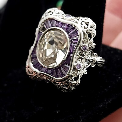 #ad Retro Style Amethyst Crystal CZ .925 Silver Ring Bling Size 6 $15.24
