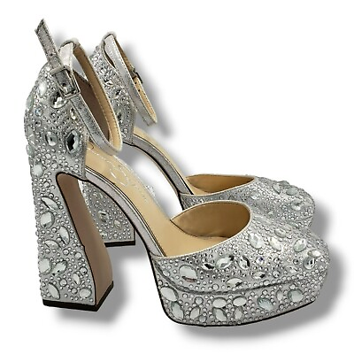 #ad Jessica Simpson Dreama Platform Pump Womens 7.5 Silver Embellished Ankle Strap $59.90