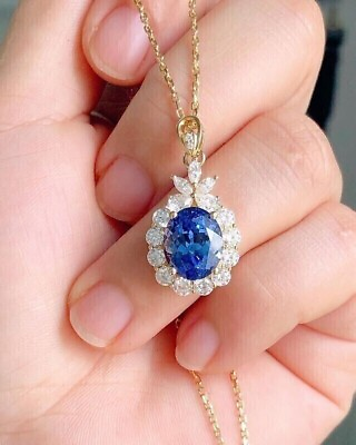 #ad 3 Carat Lab Created Blue Sapphire Women#x27;s Halo Pendant Yellow Gold Plated Silver $270.39