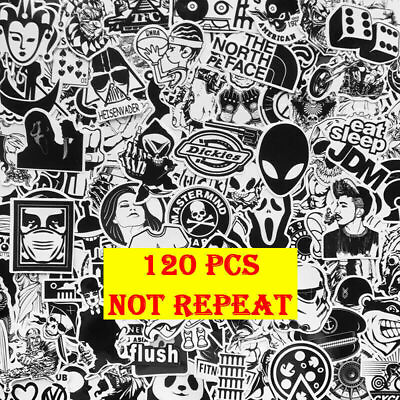#ad 120 Pack Black White Motorcycle Sticker Bomb Skateboard Luggage Laptop Decal Lot $9.99