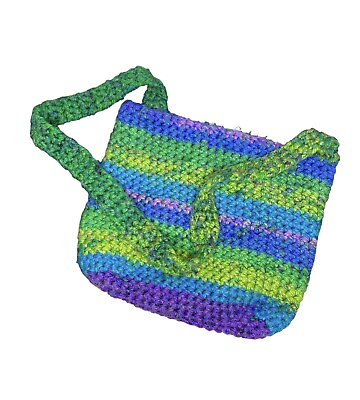 #ad Handmade Boho Crochet Knit Bucket Bag Purse Multicolor Green Blue Purple $16.00