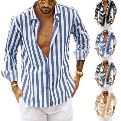 Men Alaho Holiday Beach Long Sleeve Shirts Casual Striped Button Up Blouse Tops $15.10