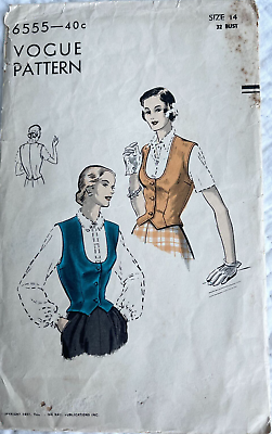 #ad Vogue 6555 waistcoat vest 1940s bust 32 Scoop Neck Classic Equestrian $21.25