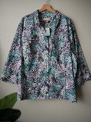 #ad Christopher amp; Banks Purple Green Abstract Button Down 3 4 Jacket 4x NWT Cotton $23.79