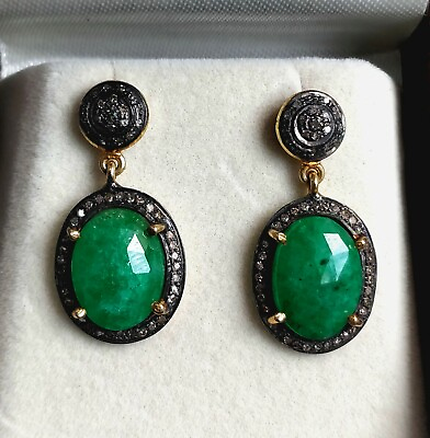 #ad Valentines Gift Vintage Earrings Emerald amp; Diamonds Studded Sterling Silver Post $286.00