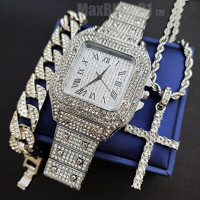 #ad HIP HOP SILVER METAL SQUARE WATCH amp; ICED CUBAN BRACELET amp; CROSS NECKLACE GIFT $18.99