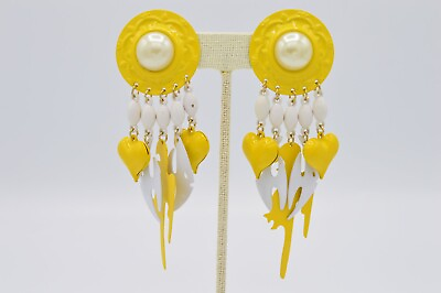 #ad Vintage Earrings Metal Dangle Yellow White Heart Parrot Fish 1980s BinW $26.36