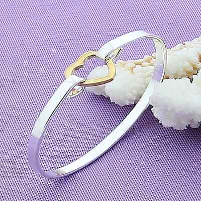 #ad DOTEFFIL 925 Sterling Silver Gold Heart Bangle Bracelet Engagement Charm Jewelry $7.83
