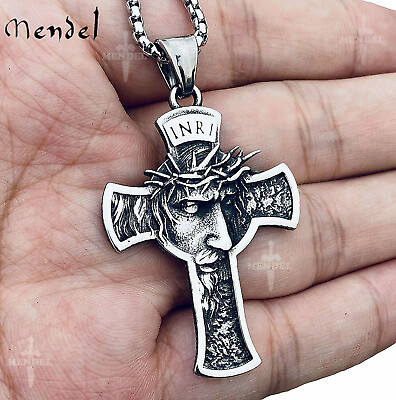 #ad MENDEL Mens Stainless Steel Jesus Christ Face Crucifix Cross Pendant Necklace $11.79