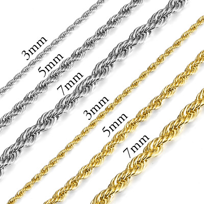 #ad 3 5 7mm Mens Rope Link Chain Silver Gold Plated Stainless Steel Necklace 16quot; 30quot; $8.39