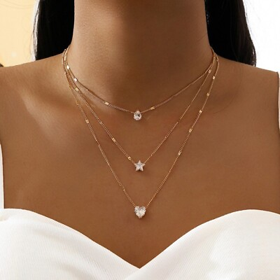#ad 3Layers Zircon Crystal Heart Star Pendant Necklace Women Fashion Jewelry Gift GBP 2.42