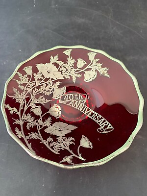 #ad 40th Anniversary Ruby Red Glass Pedestal Plate 7quot; with Floral Overlay $15.00