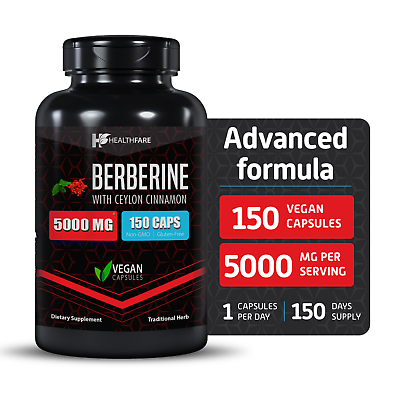 #ad Healthfare Berberine with Ceylon Cinnamon 5000mg 150 Caps Heart Health amp; Immune $15.19
