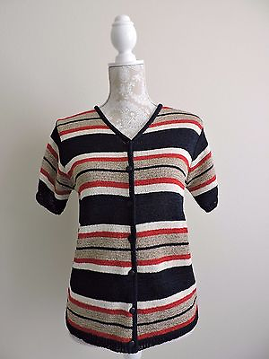 #ad Tally Ho Womens Sweater Top Short Sleeve Casual Navy Red Striped Button Down Med $12.74