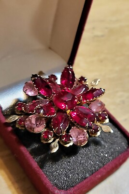 #ad Vintage Siam Red Pink Rhinestone Layered Gold Flower Brooch Pin $35.99